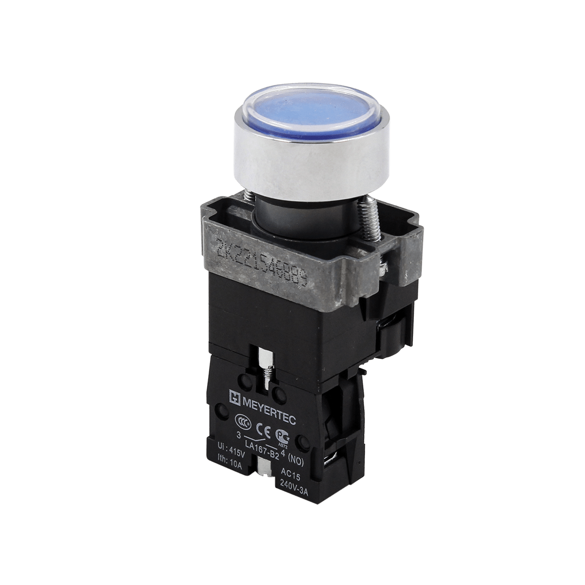 Кнопка плоская синяя с подсветкой, 220V AC/DC, 1NO, IP67, металл MTB2-BWF3661