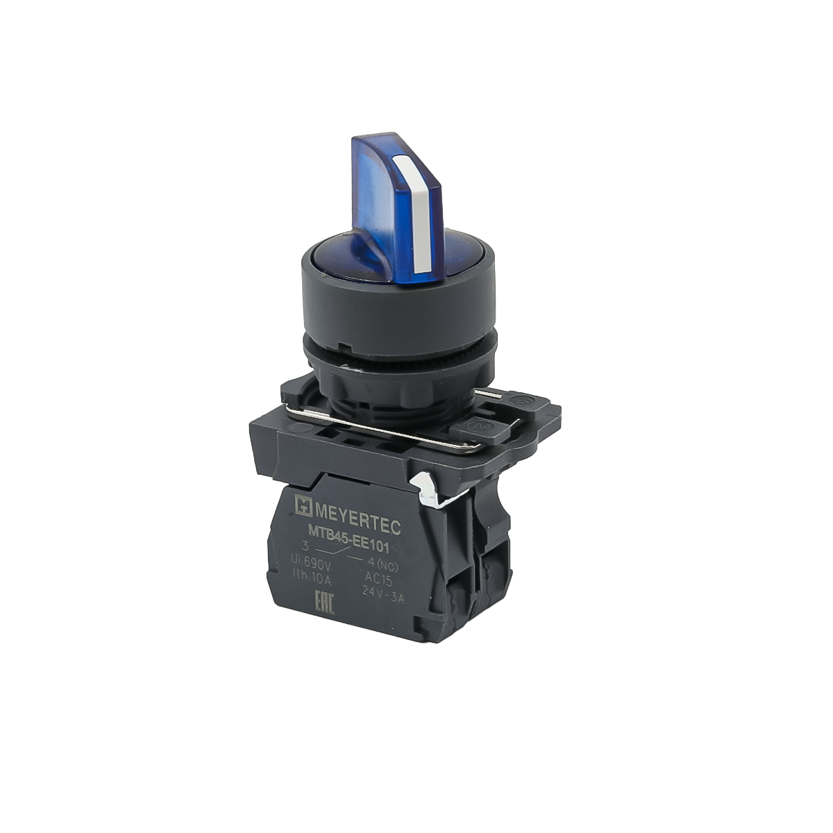 Переключатель  на 3 положения с фиксацией и подсветкой, синий, 1NO, 24V AC/DC, IP65, пластик MTB5-AK36711