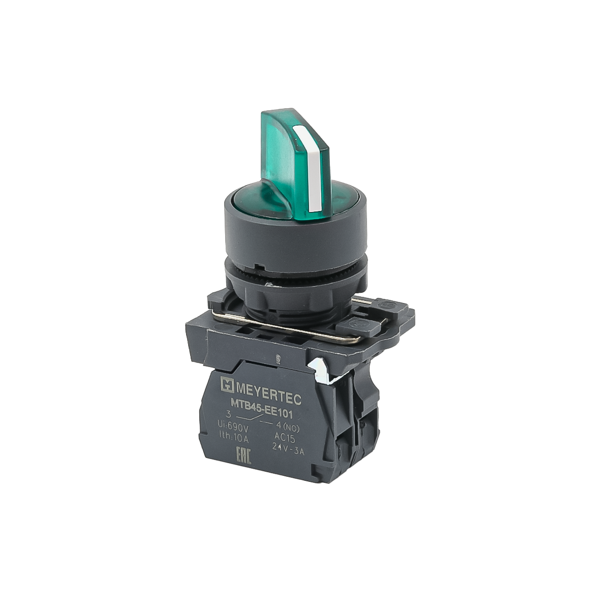 Переключатель  на 2 положения с фиксацией и подсветкой, зеленый, 1NO, 220V AC/DC, IP65, пластик MTB5-AK23713