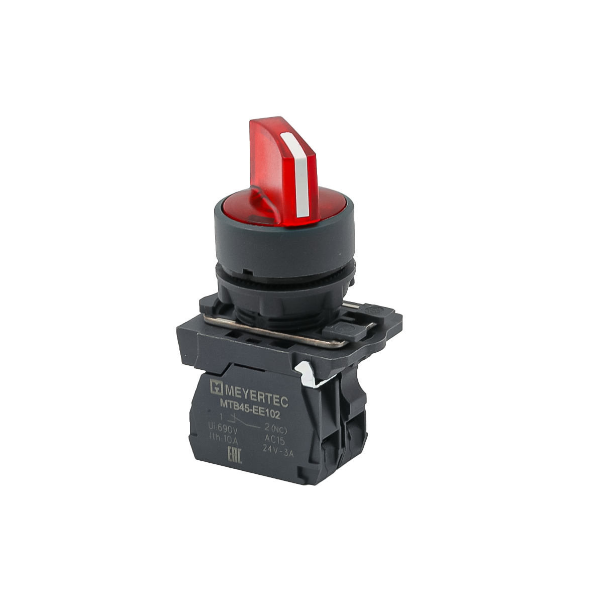 Переключатель  на 2 положения с фиксацией и подсветкой,  красный, 1NС, 24V AC/DC, IP65. пластик MTB5-AK24721