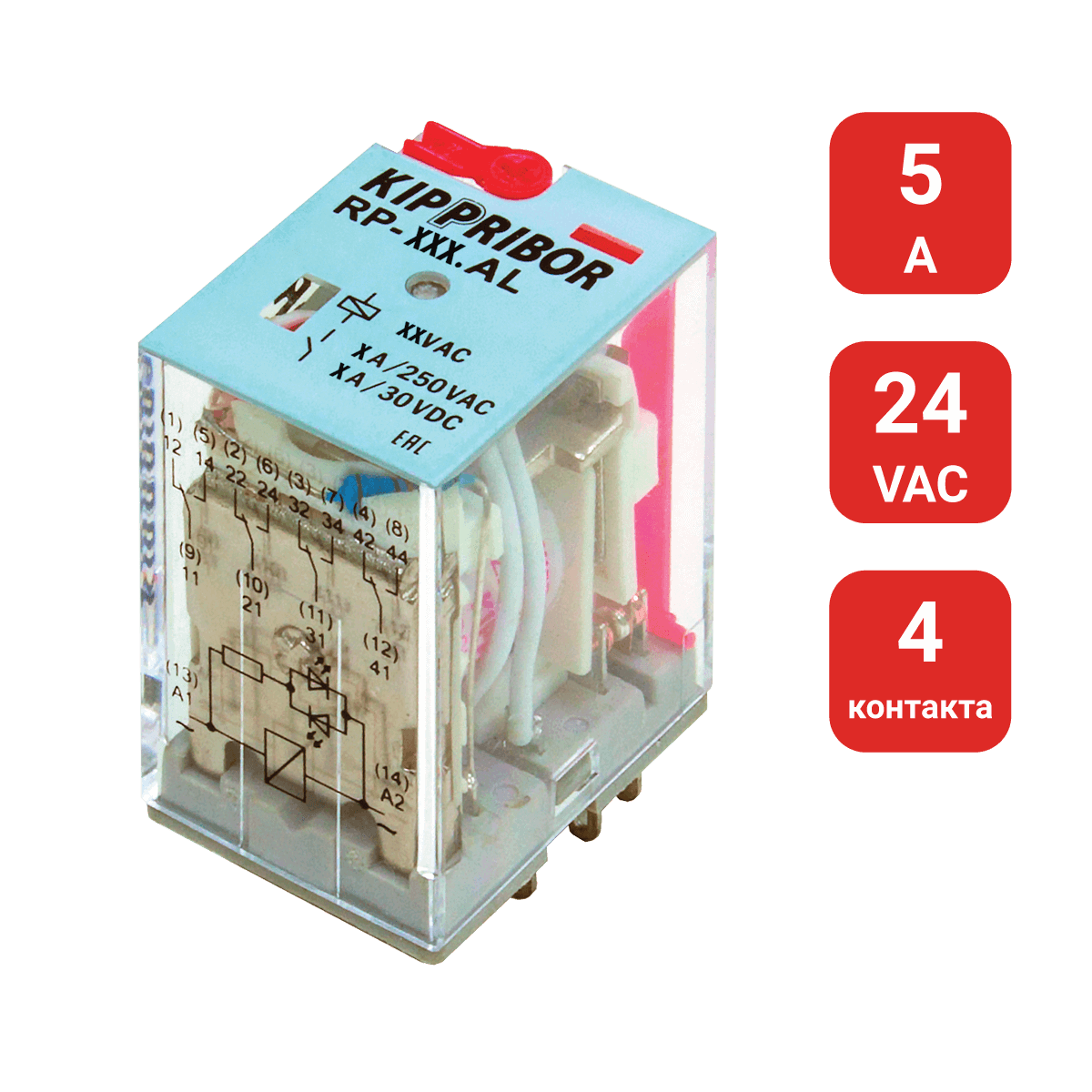 4-конт. реле, 24VAC, ток 5А, LED-индикатор RP-403.AL