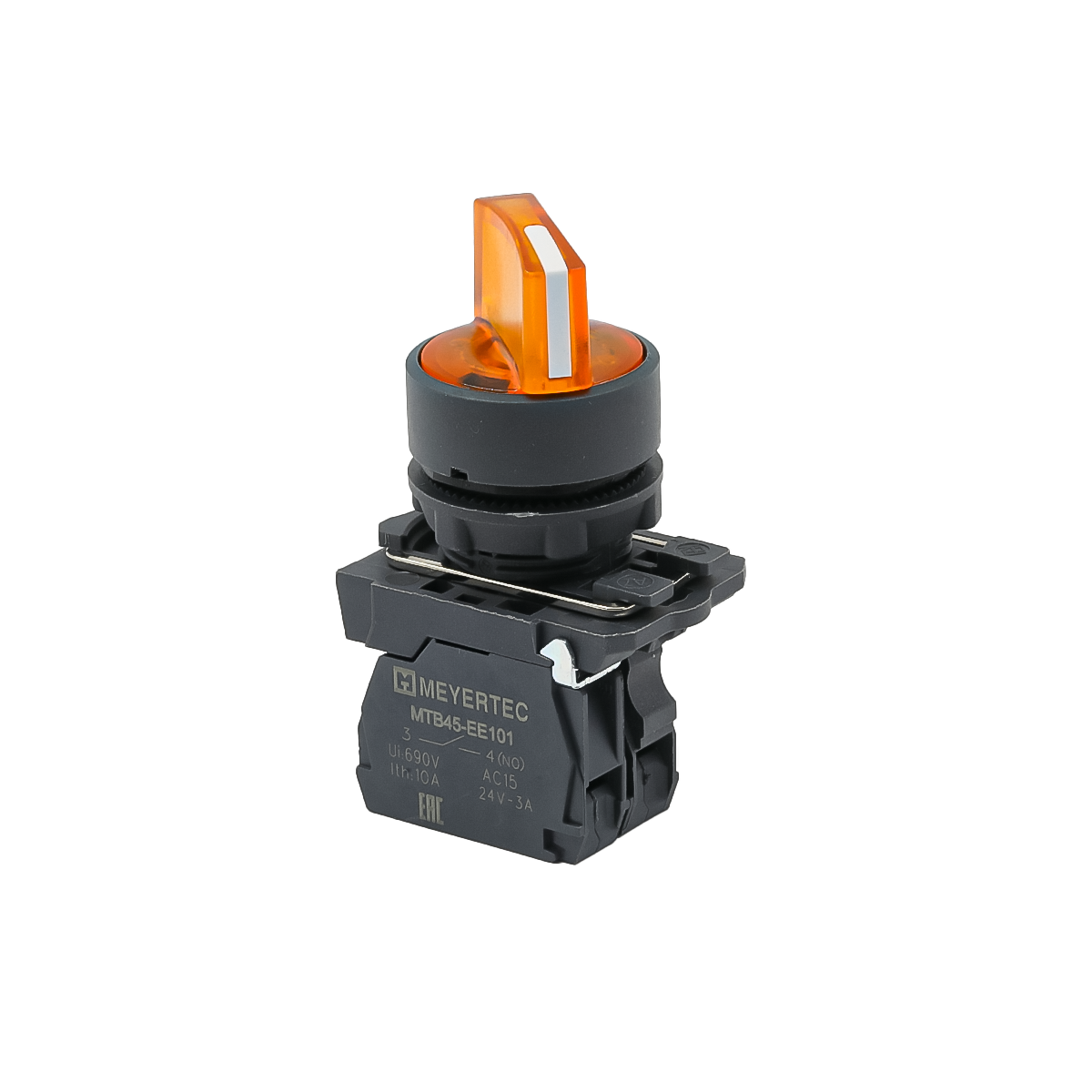 Переключатель  на 2 положения с фиксацией и подсветкой,  желтый, 1NO, 24V AC/DC, IP65, пластик MTB5-AK25711