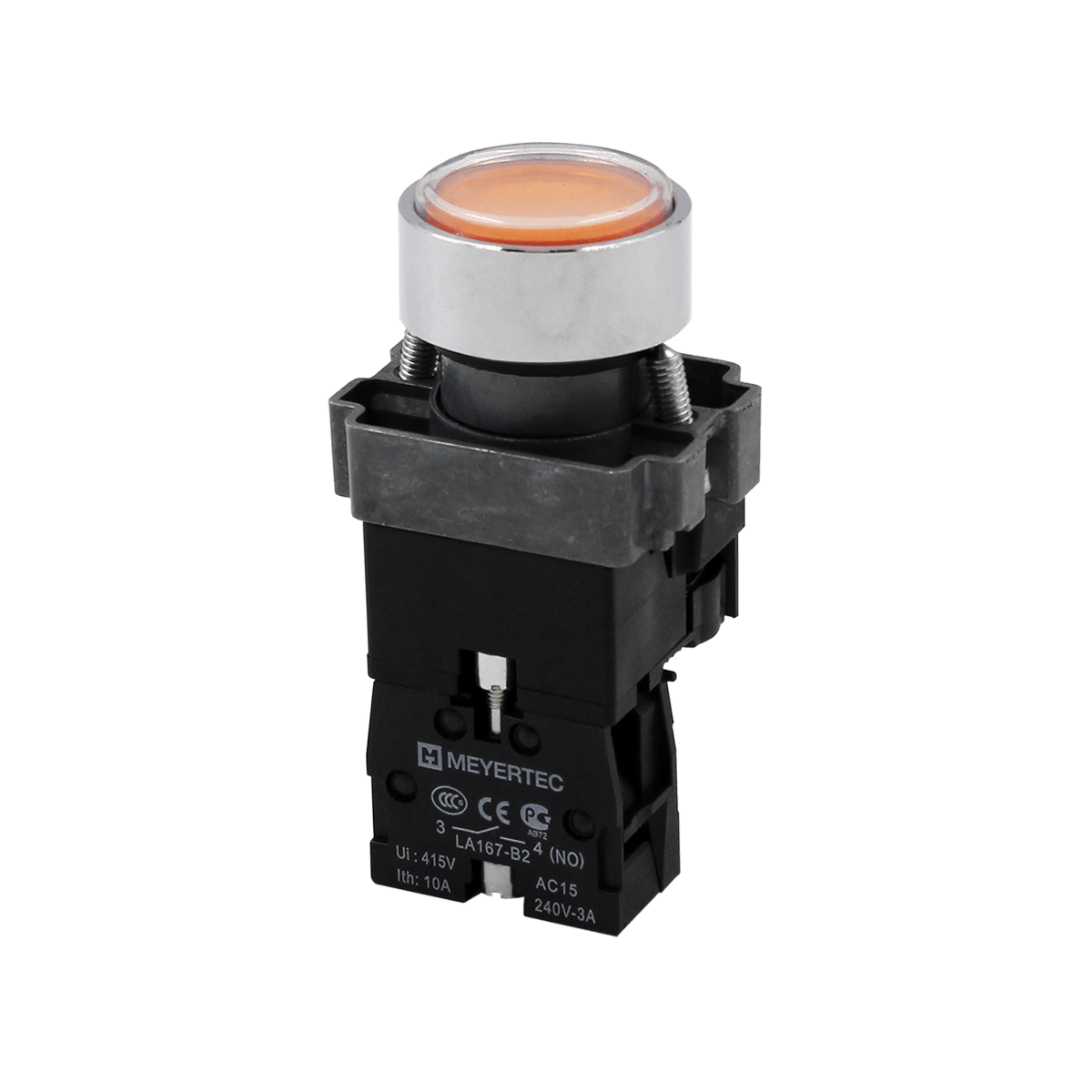 Кнопка плоская желтая с подсветкой, 220V AC/DC, 1NO, IP67, металл MTB2-BWF3561