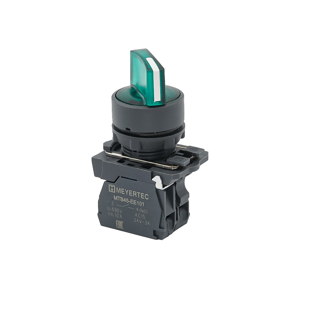 Переключатель  на 3 положения с фиксацией и подсветкой, зеленый, 1NO, 24V AC/DC, IP65, пластик MTB5-AK33711