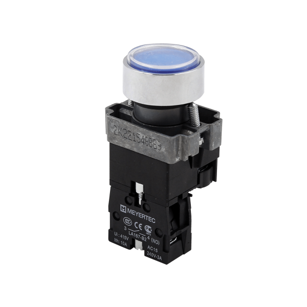 Кнопка плоская синяя с подсветкой, 220V AC/DC, 1NO, IP67, металл MTB2-BWF3661