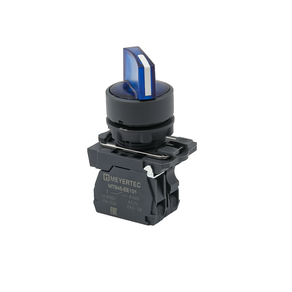 Переключатель  на 3 положения с фиксацией и подсветкой, синий, 1NO, 24V AC/DC, IP65, пластик MTB5-AK36711