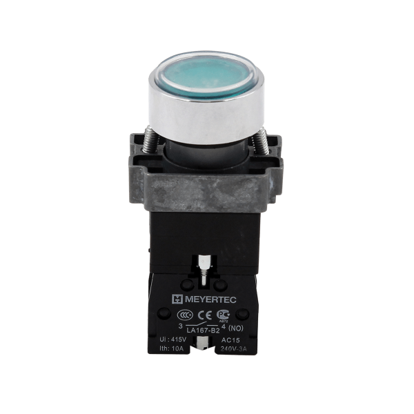 Кнопка  плоская зеленая с подсветкой, 220V AC/DC, 1NO, IP67, металл MTB2-BWF3361