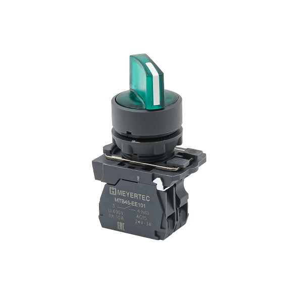 Переключатель  на 2 положения с фиксацией и подсветкой, зеленый, 1NO, 220V AC/DC, IP65, пластик MTB5-AK23713
