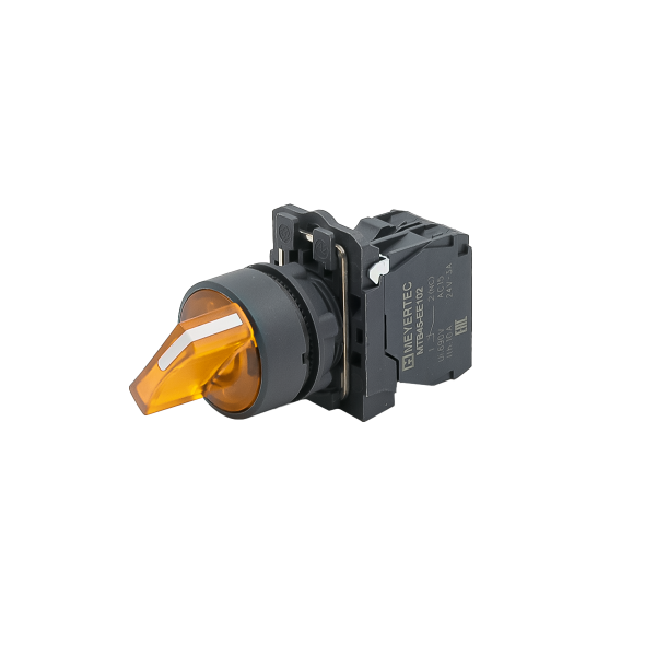 Переключатель  на 2 положения с фиксацией и подсветкой,  желтый, 1NO, 24V AC/DC, IP65, пластик MTB5-AK25711