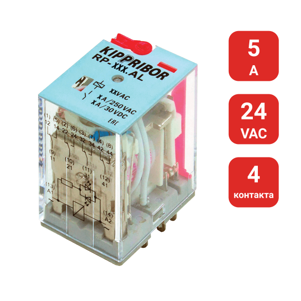 4-конт. реле, 24VAC, ток 5А, LED-индикатор RP-403.AL