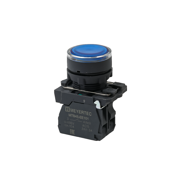 Кнопка синяя с подсветкой, 1NO, 220V AC/DC, IP65, пластик MTB5-AW36713