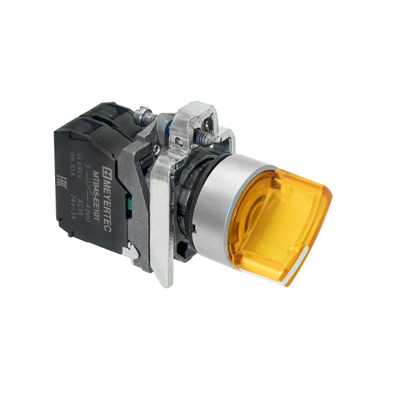 Переключатель  на 2 положения с фиксацией и подсветкой,  желтый, 1NO, 24V AC/DC, IP65, металл MTB4-BK25711