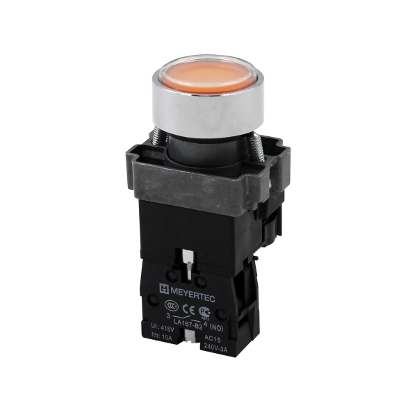 Кнопка плоская желтая с подсветкой, 220V AC/DC, 1NO, IP67, металл MTB2-BWF3561