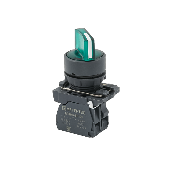 Переключатель  на 2 положения с фиксацией и подсветкой,  зеленый, 1NO, 24V AC/DC, IP65, пластик MTB5-AK23711