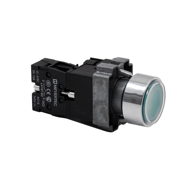 Кнопка  плоская зеленая с подсветкой, 220V AC/DC, 1NO, IP67, металл MTB2-BWF3361