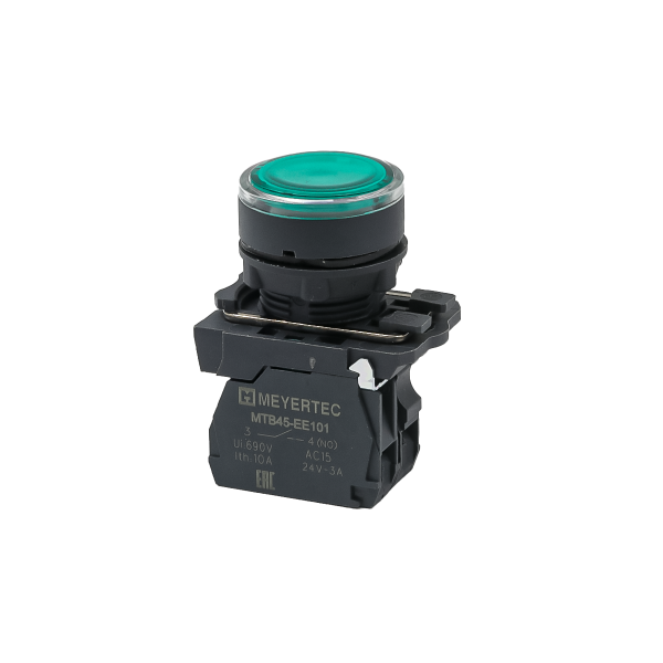 Кнопка зеленая с подсветкой, 1NO, 220V AC/DC, IP65, пластик MTB5-AW33713