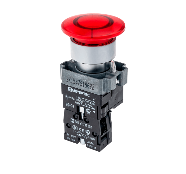 Кнопка грибовидная без фиксации, с подсветкой, 24V, 1NC, красный MTB2-BW4614