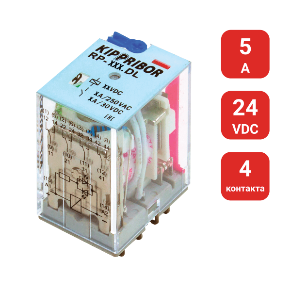 4-конт. реле, 24VDC, ток 5А, LED-индикатор RP-403.DL