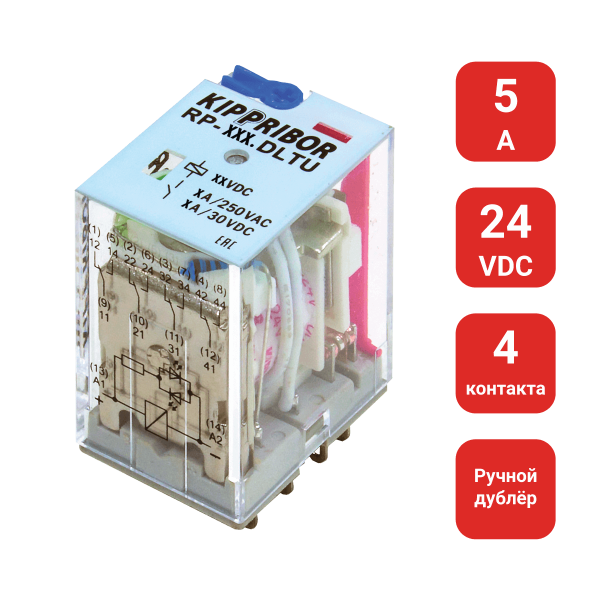 4-конт. реле, 24VDC, ток 5А, LED-индикатор, ручной дублер RP-403.DLTU
