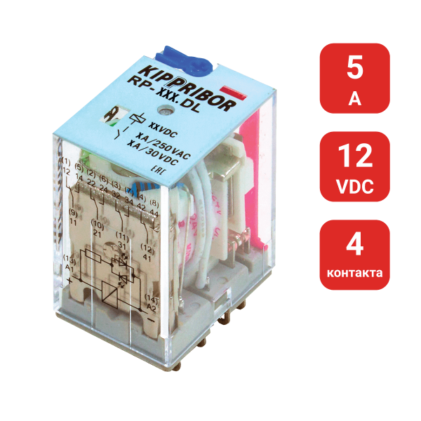 4-конт. реле, 12VDC, ток 5А, LED-индикатор RP-402.DL