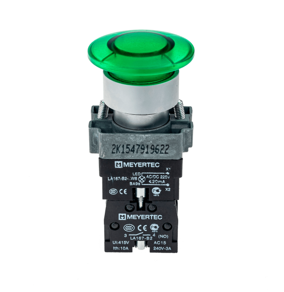 Кнопка грибовидная без фиксации, с подсветкой, 24V, 1NO, зеленый MTB2-BW3613