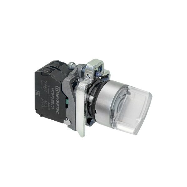 Переключатель  на 2 положения с фиксацией и подсветкой,  белый, 1NO, 24V AC/DC, IP65, металл MTB4-BK21711