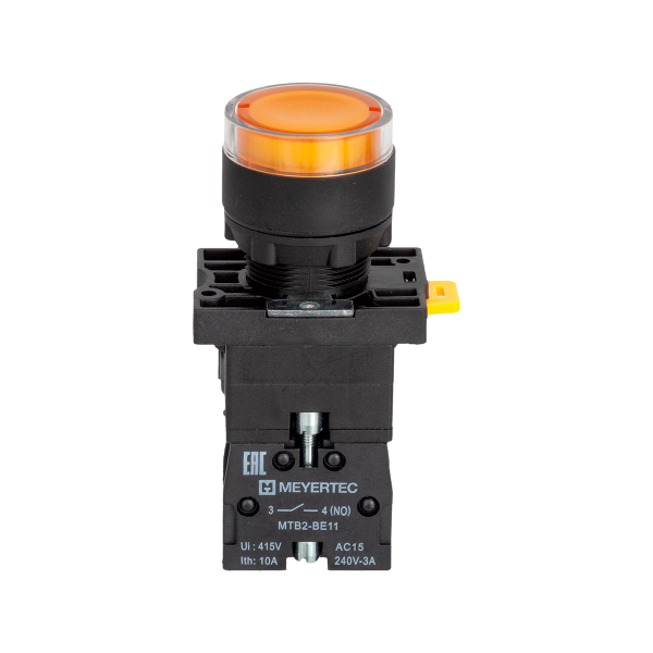 Кнопка желтая с подсветкой, 1NO, 24V AC/DC, IP54, пластик MTB2-EW35611