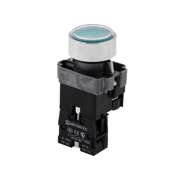 Кнопка плоская зеленая с подсветкой, 24V AC/DC, 1NO, IP67, металл MTB2-BWF3371